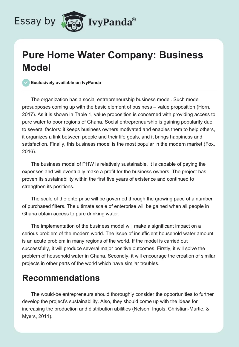 Pure Home Water Company: Business Model. Page 1