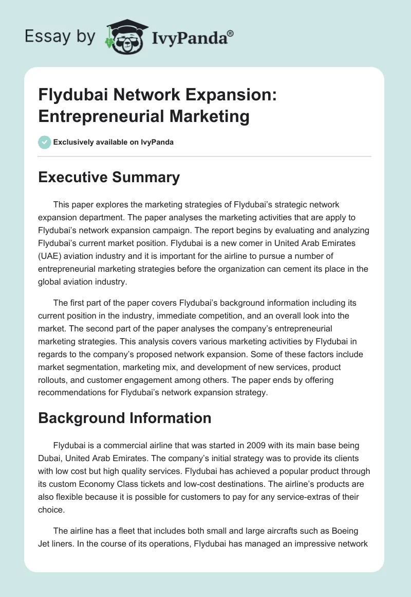 Flydubai Network Expansion: Entrepreneurial Marketing. Page 1