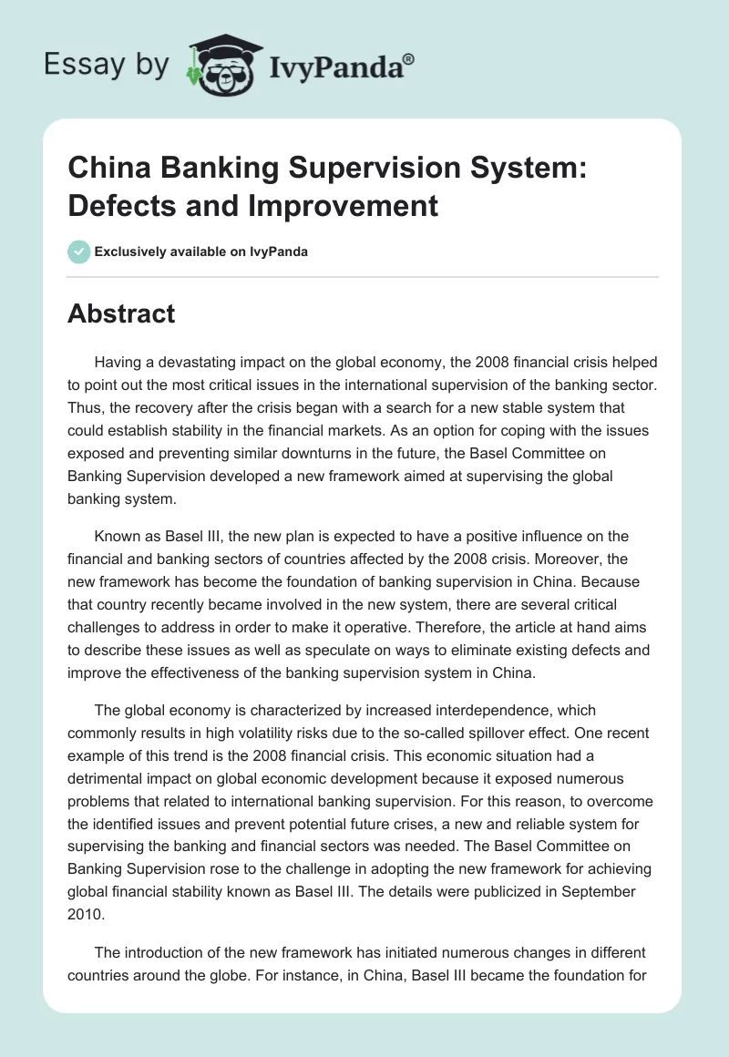 China Banking Supervision System: Defects and Improvement. Page 1