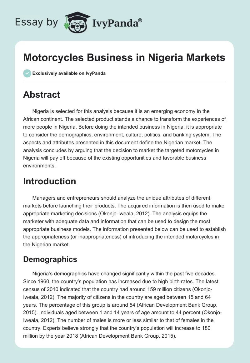 Motorcycles Business in Nigeria Markets. Page 1