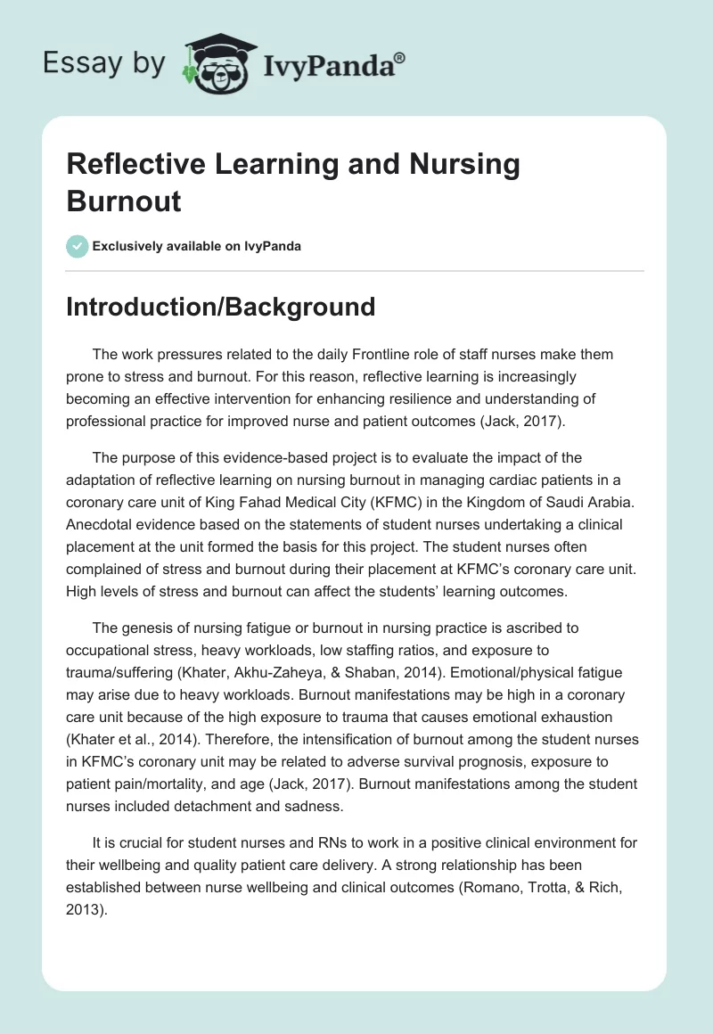 Reflective Learning and Nursing Burnout. Page 1