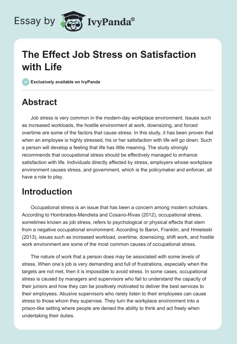 The Effect Job Stress on Satisfaction with Life. Page 1
