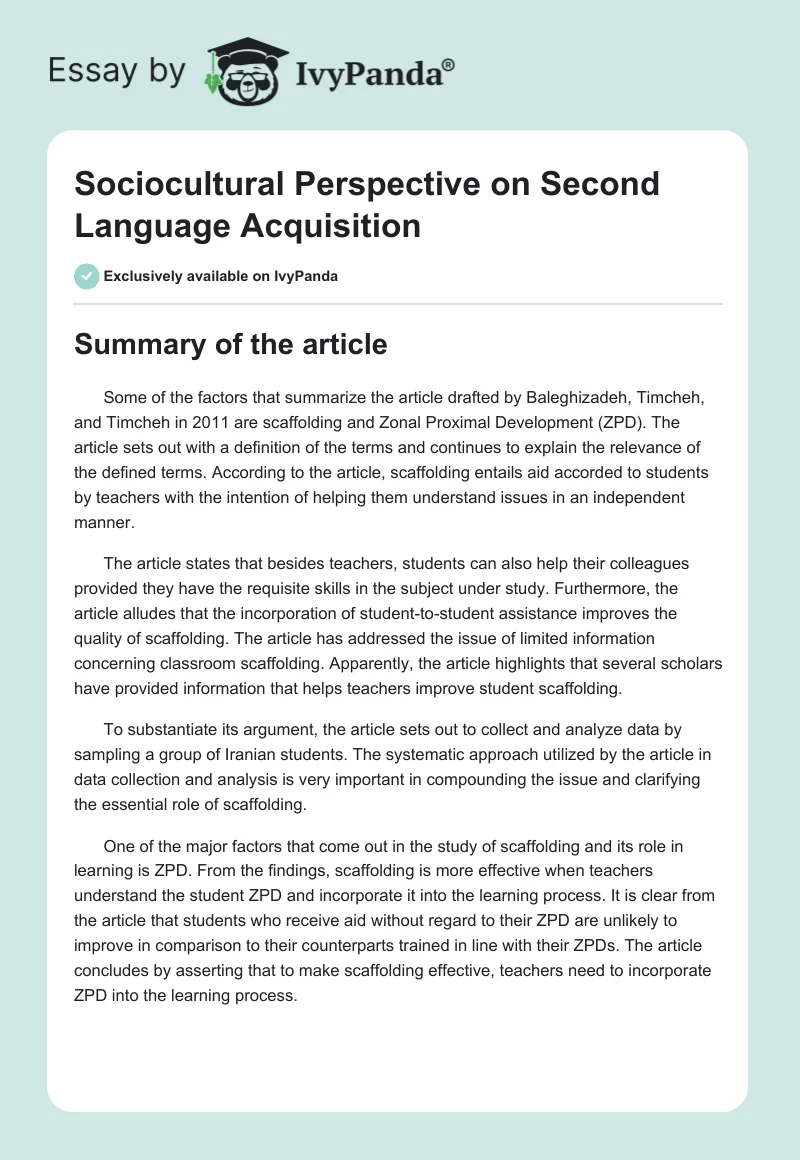 Sociocultural Perspective on Second Language Acquisition. Page 1