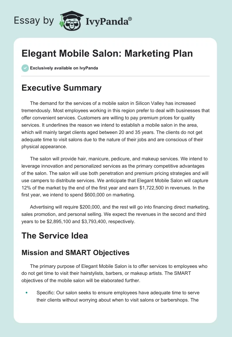 Elegant Mobile Salon: Marketing Plan. Page 1