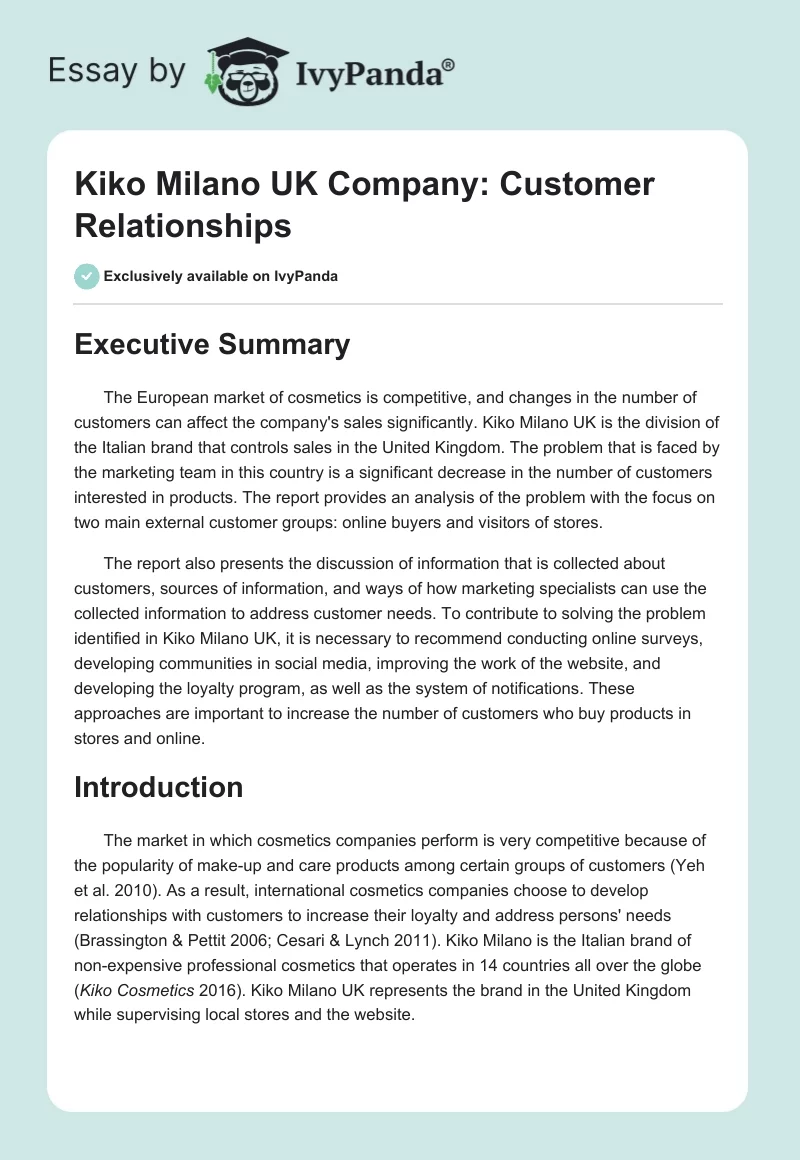 Kiko Milano UK Company: Customer Relationships. Page 1