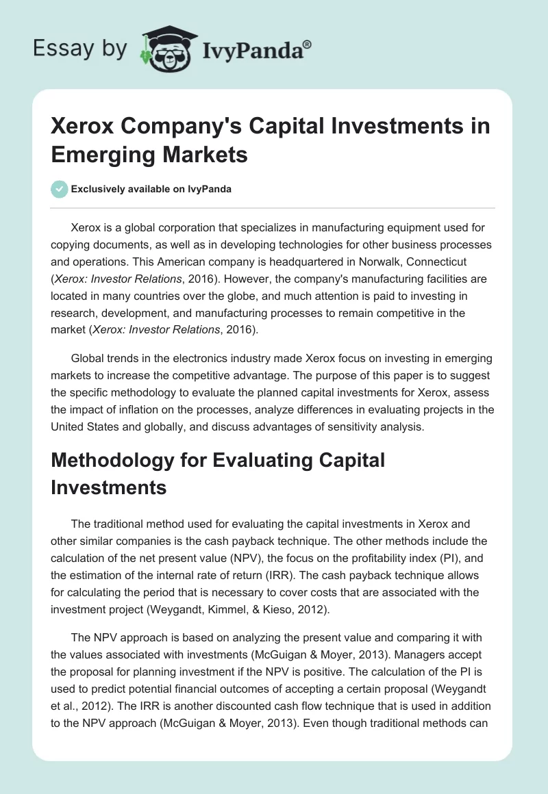 Xerox Company's Capital Investments in Emerging Markets. Page 1
