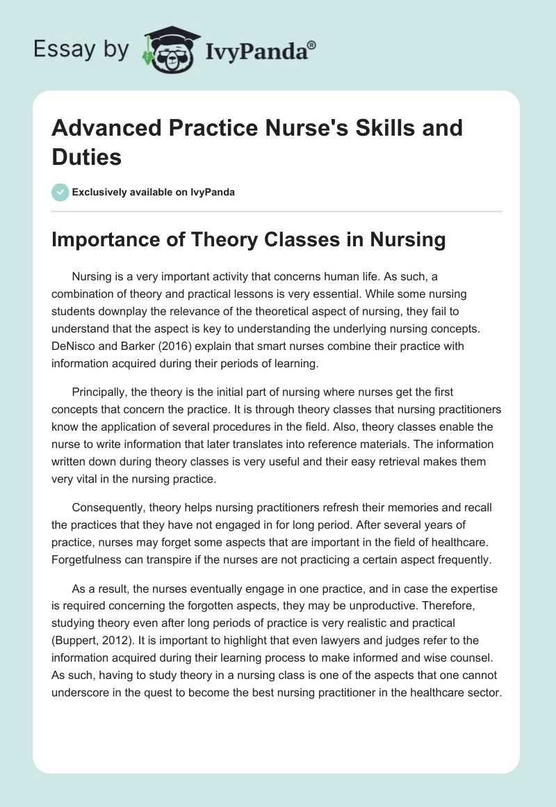 Advanced Practice Nurse's Skills and Duties. Page 1