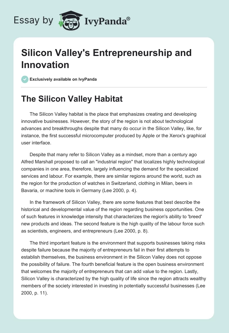 Silicon Valley's Entrepreneurship and Innovation. Page 1