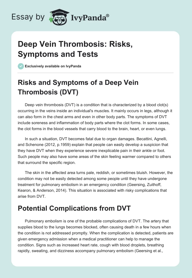 Deep Vein Thrombosis: Risks, Symptoms and Tests. Page 1