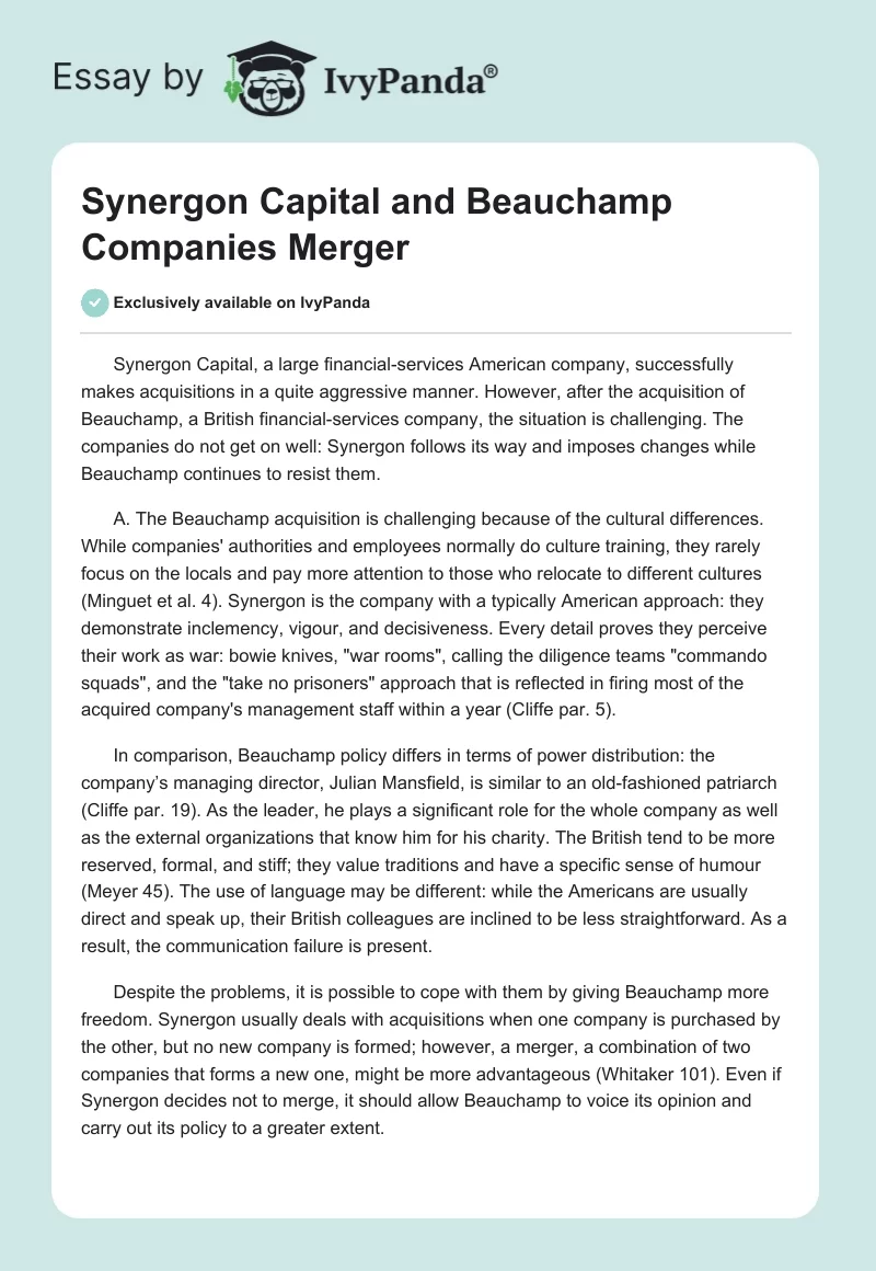 Synergon Capital and Beauchamp Companies Merger. Page 1