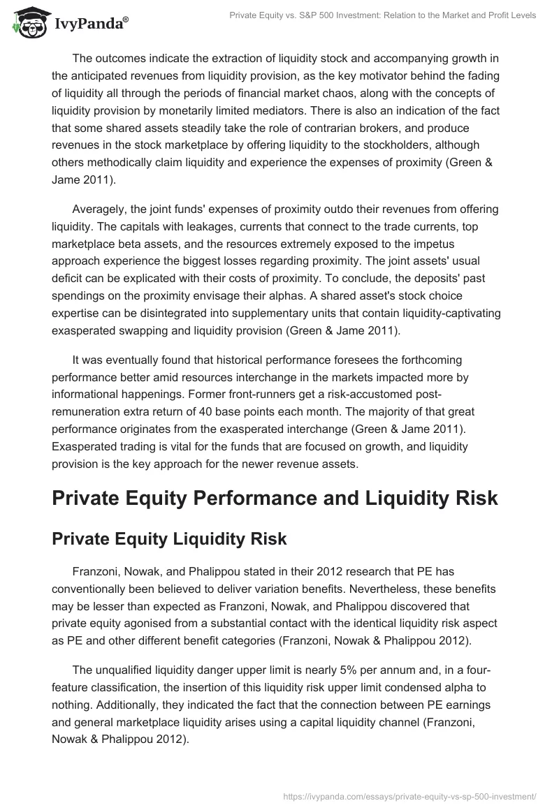Private Equity vs. S&P 500 Investment: Relation to the Market and Profit Levels. Page 4
