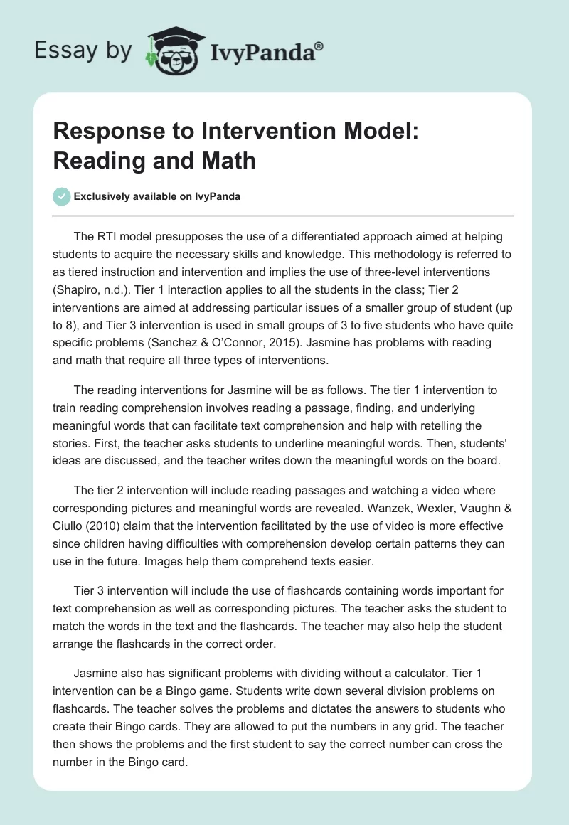 Response to Intervention Model: Reading and Math. Page 1