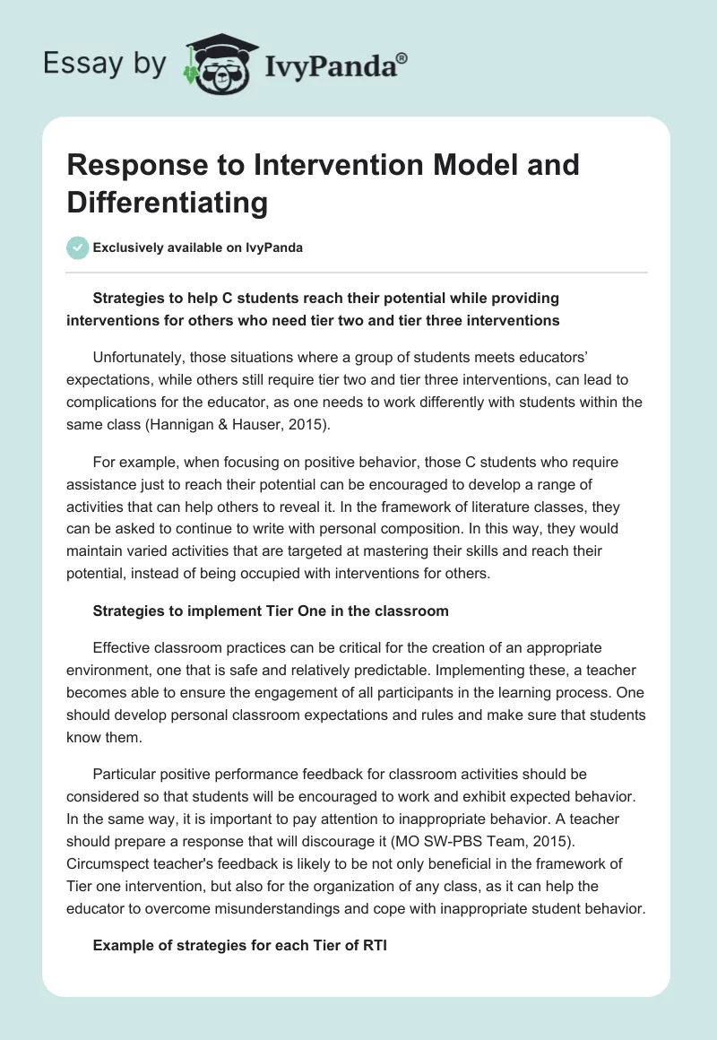 Response to Intervention Model and Differentiating. Page 1