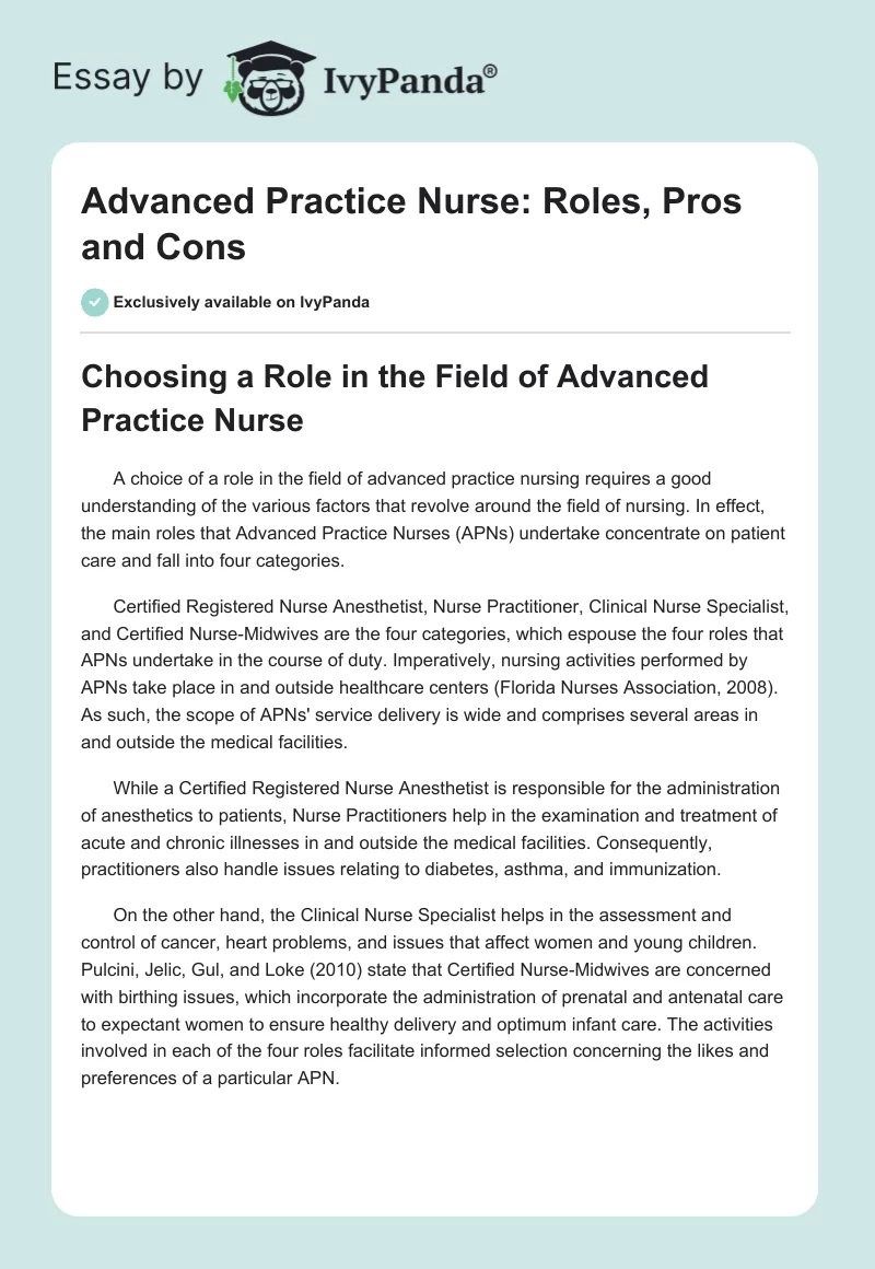 Advanced Practice Nurse: Roles, Pros and Cons. Page 1