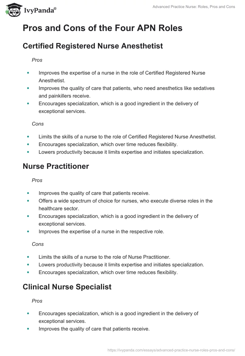 Advanced Practice Nurse: Roles, Pros and Cons. Page 2