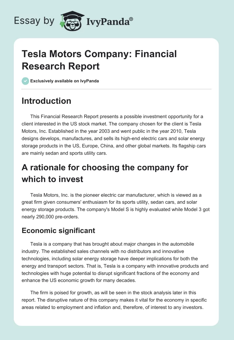 Tesla Motors Company: Financial Research Report. Page 1