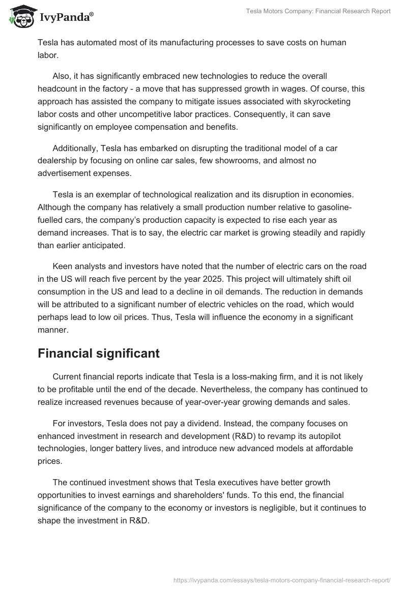 Tesla Motors Company: Financial Research Report. Page 2