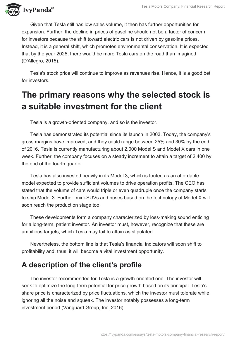 Tesla Motors Company: Financial Research Report. Page 4