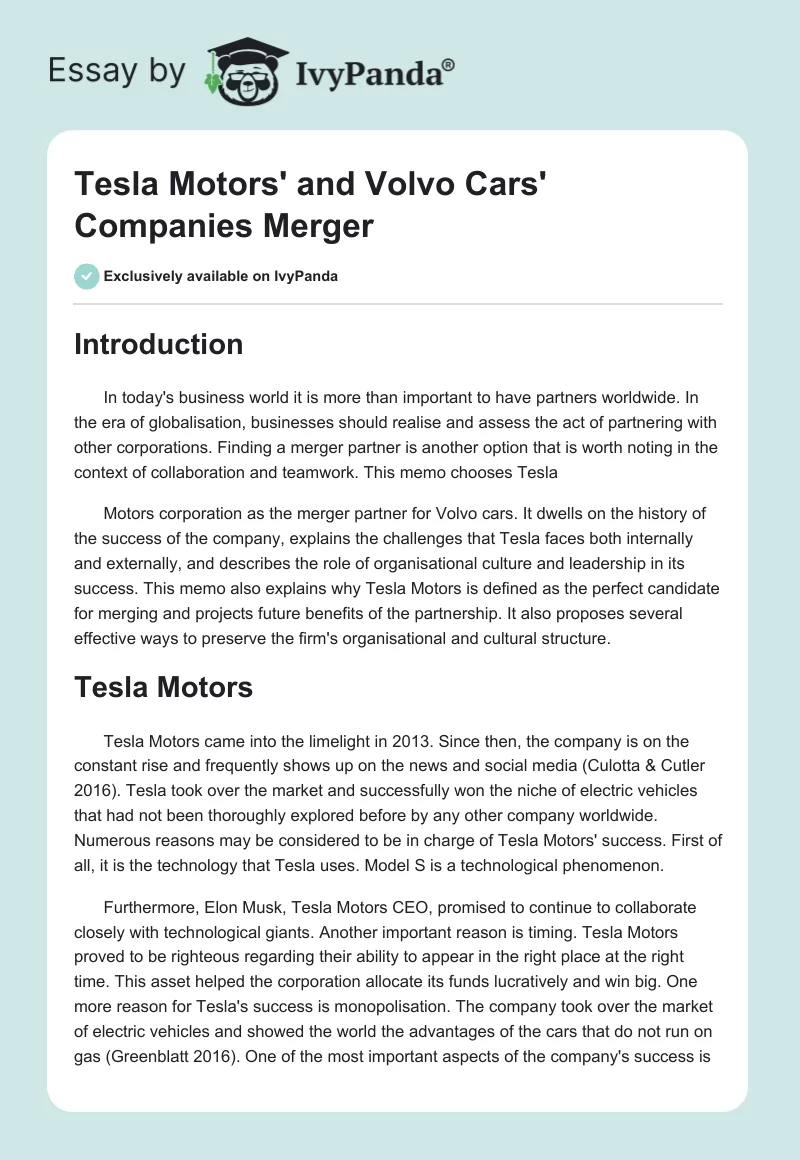 Tesla Motors' and Volvo Cars' Companies Merger. Page 1