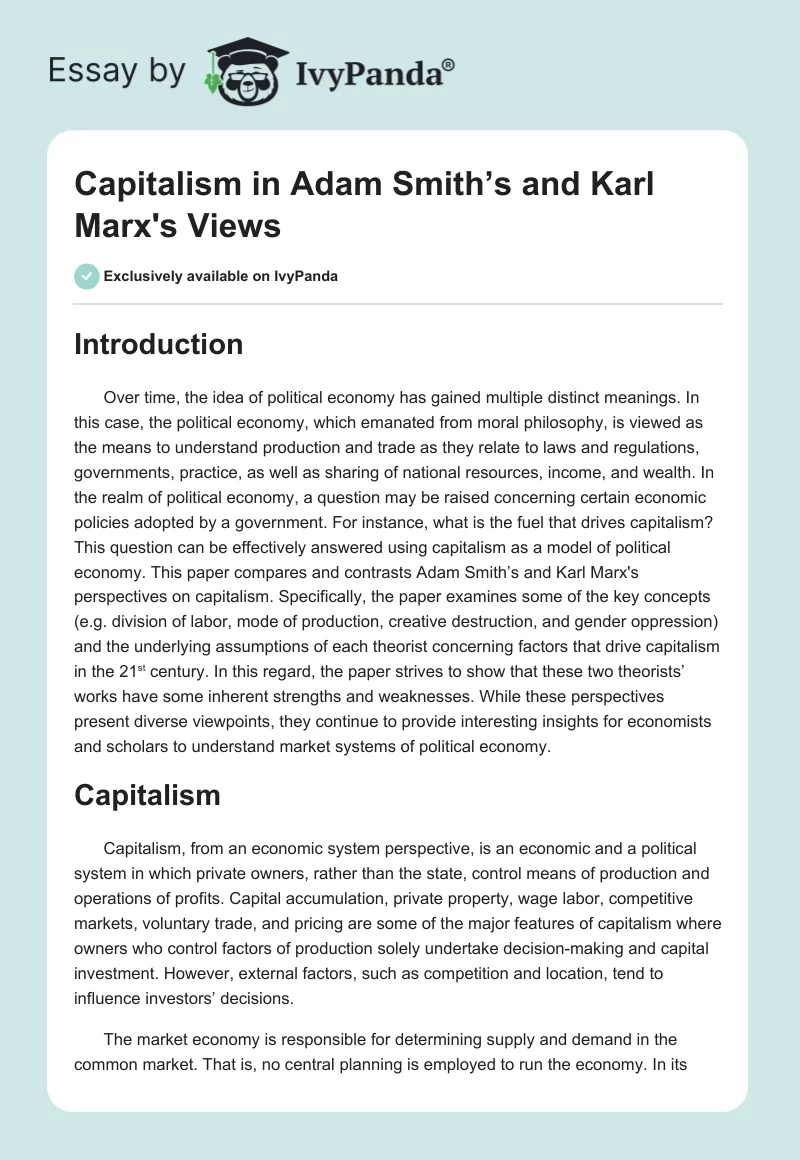 Capitalism in Adam Smith’s and Karl Marx's Views. Page 1