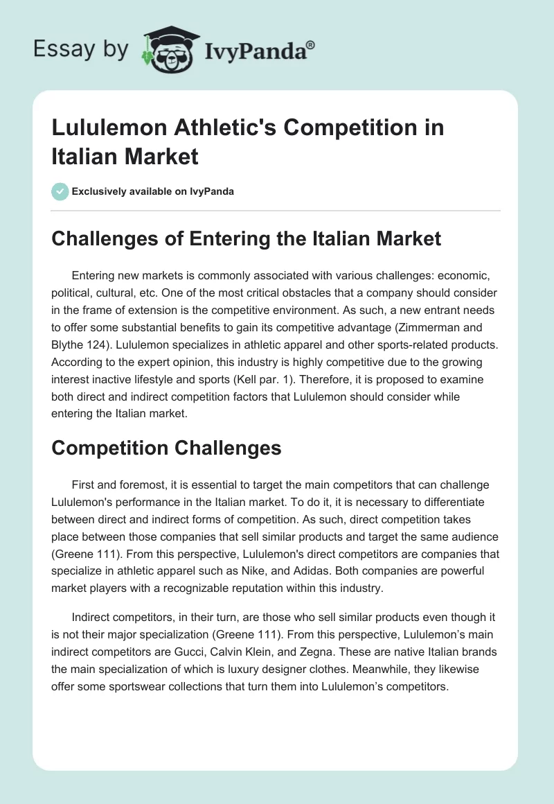 Lululemon Athletic's Competition in Italian Market. Page 1
