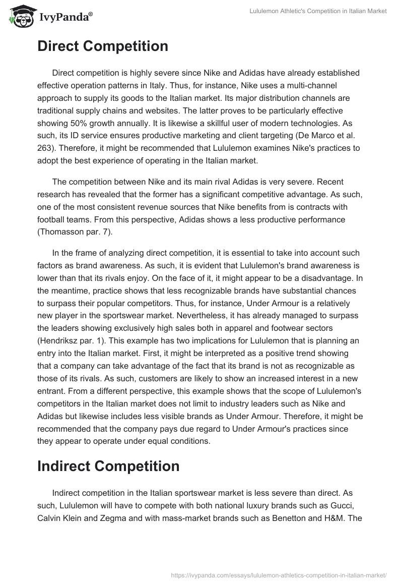 Lululemon Athletic's Competition in Italian Market. Page 2