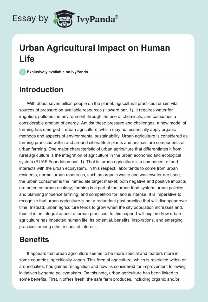 Urban Agricultural Impact on Human Life. Page 1