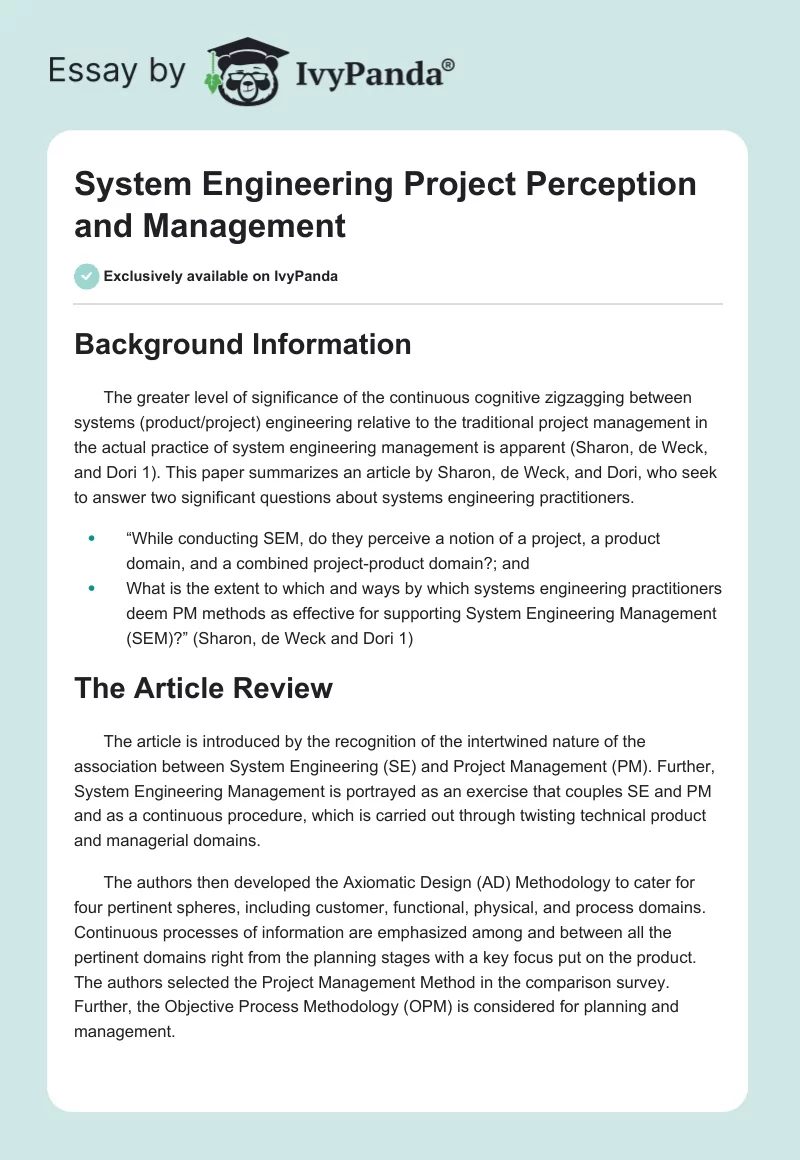 System Engineering Project Perception and Management. Page 1