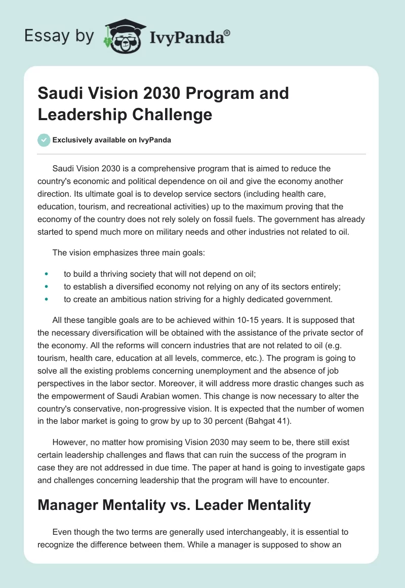Saudi Vision 2030 Program and Leadership Challenge. Page 1