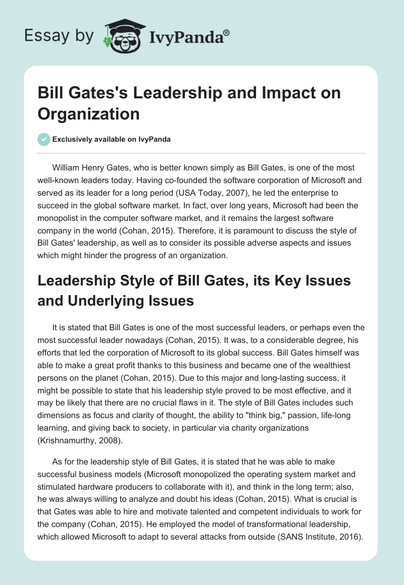 Bill Gates's Leadership and Impact on Organization. Page 1