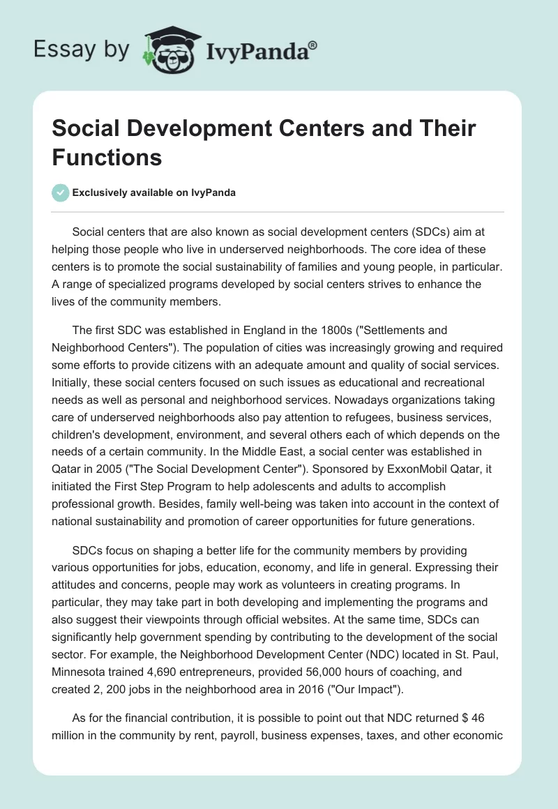 Social Development Centers and Their Functions. Page 1