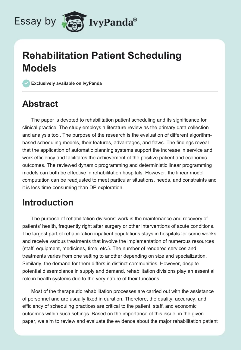 Rehabilitation Patient Scheduling Models. Page 1