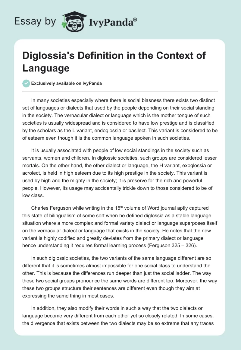 Diglossia's Definition in the Context of Language. Page 1