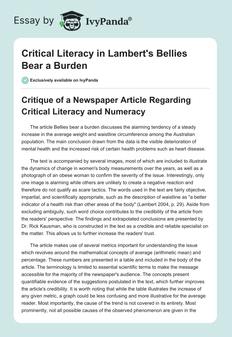 Critical Literacy in Lambert's Bellies Bear a Burden. Page 1