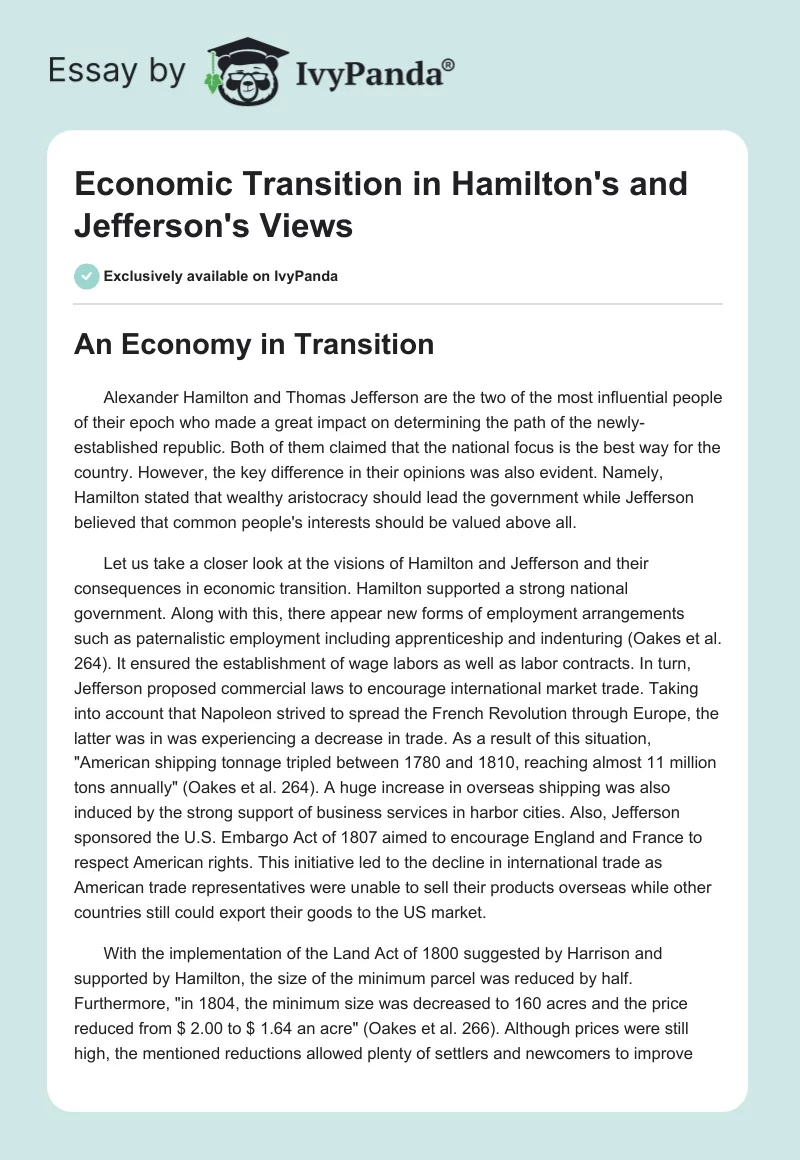 Alexander Hamilton and Thomas Jefferson: Economic Transition. Page 1