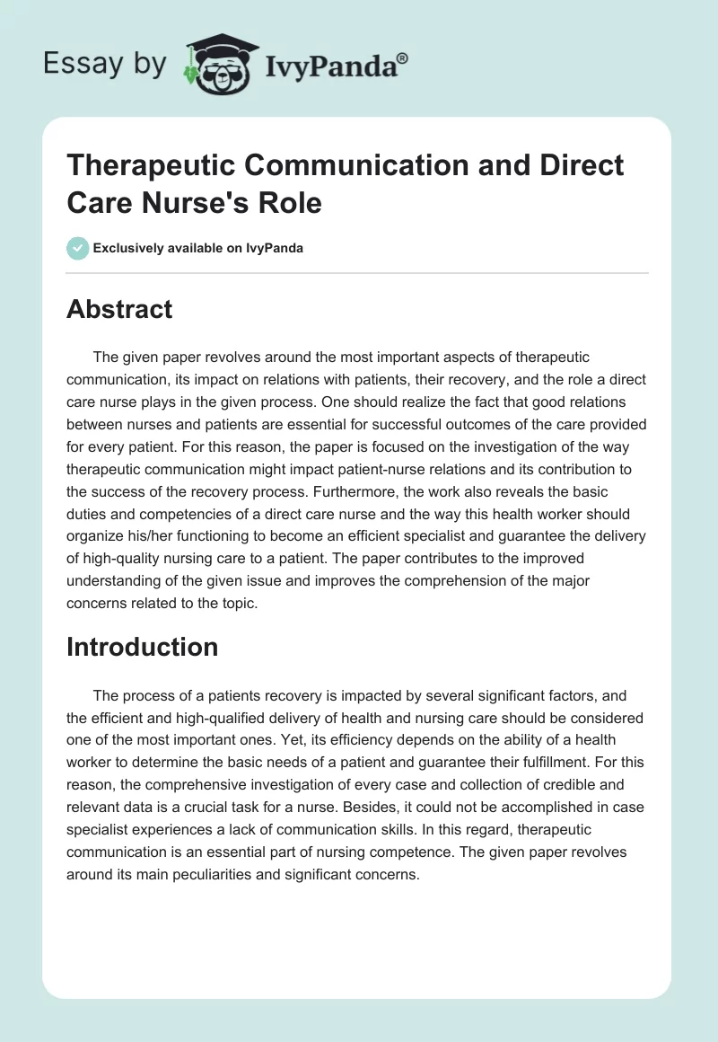 Therapeutic Communication and Direct Care Nurse's Role. Page 1