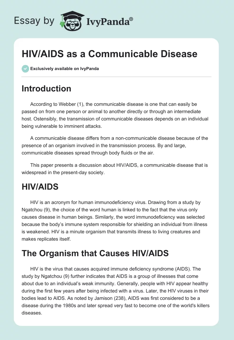 HIV/AIDS as a Communicable Disease. Page 1