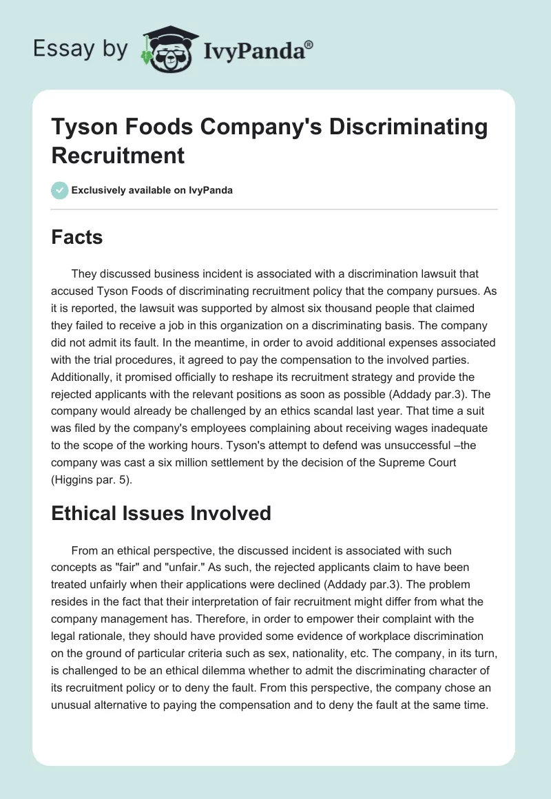 Tyson Foods Company's Discriminating Recruitment. Page 1