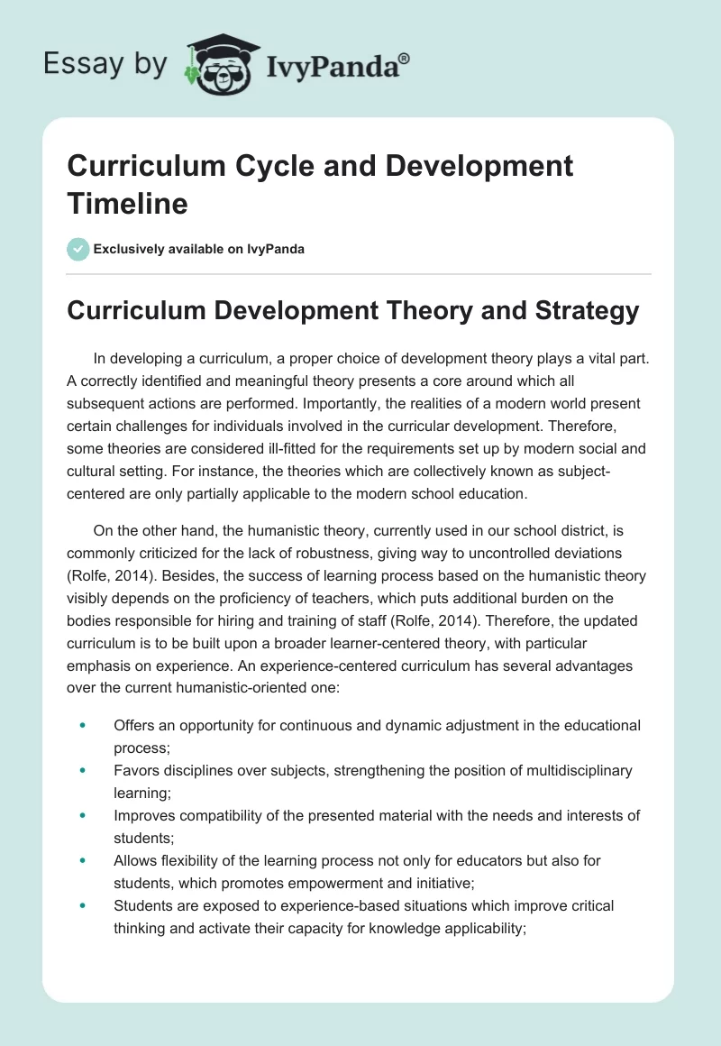Curriculum Cycle and Development Timeline. Page 1