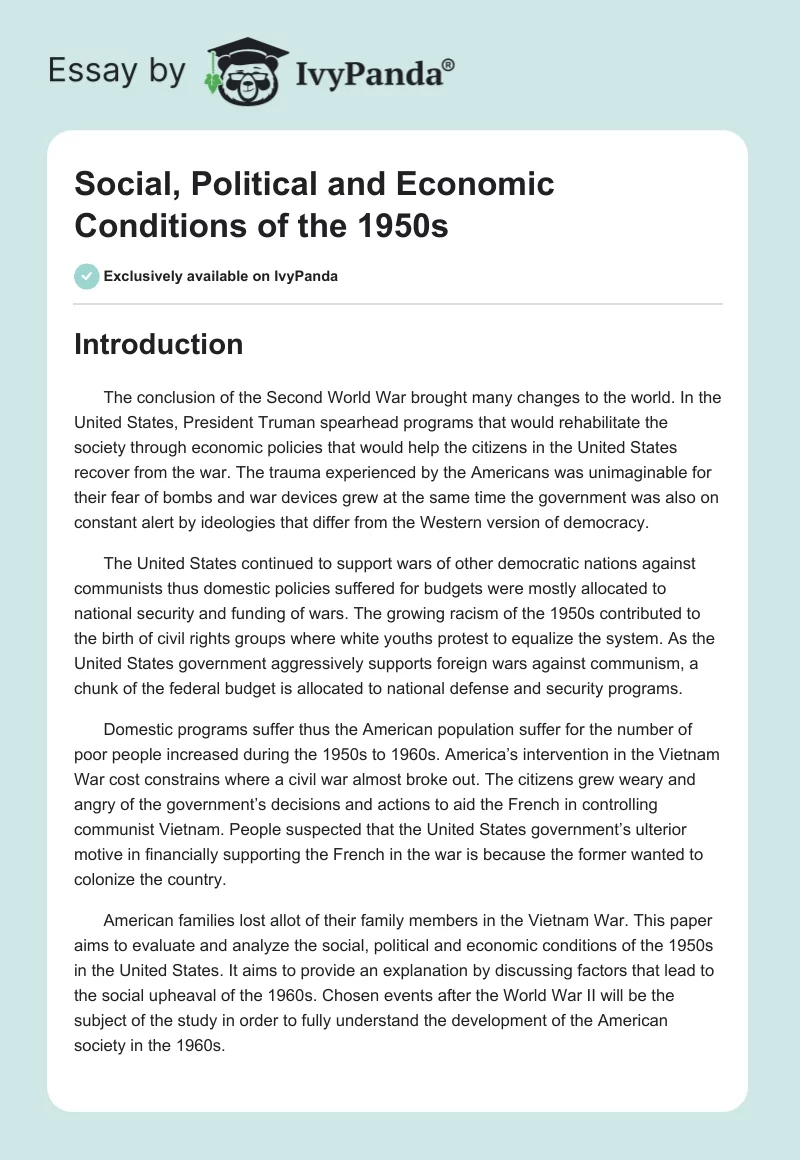 Social, Political and Economic Conditions of the 1950s. Page 1