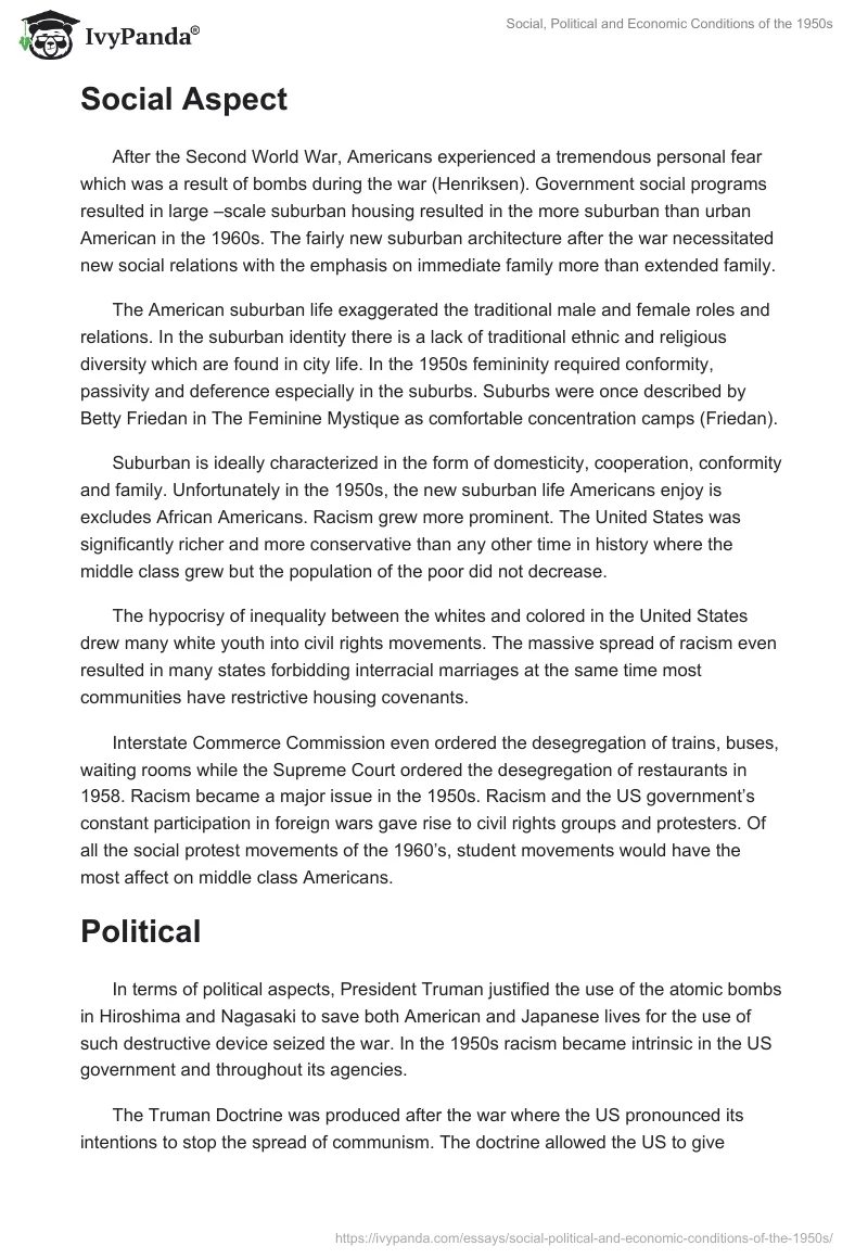 Social, Political and Economic Conditions of the 1950s. Page 2