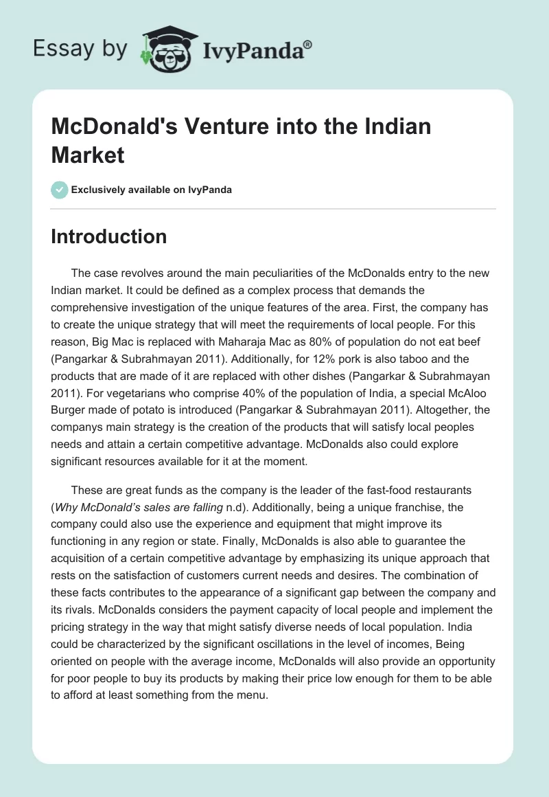 McDonald's Venture Into the Indian Market. Page 1