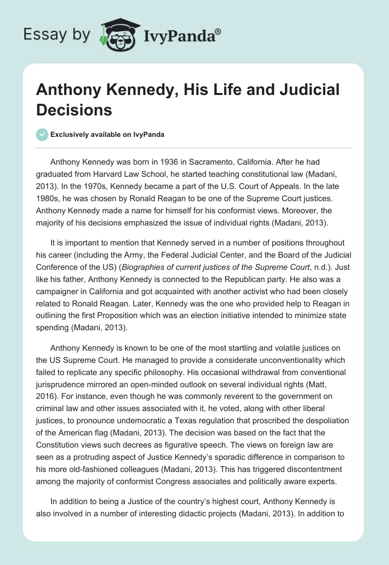 Anthony Kennedy, His Life and Judicial Decisions. Page 1