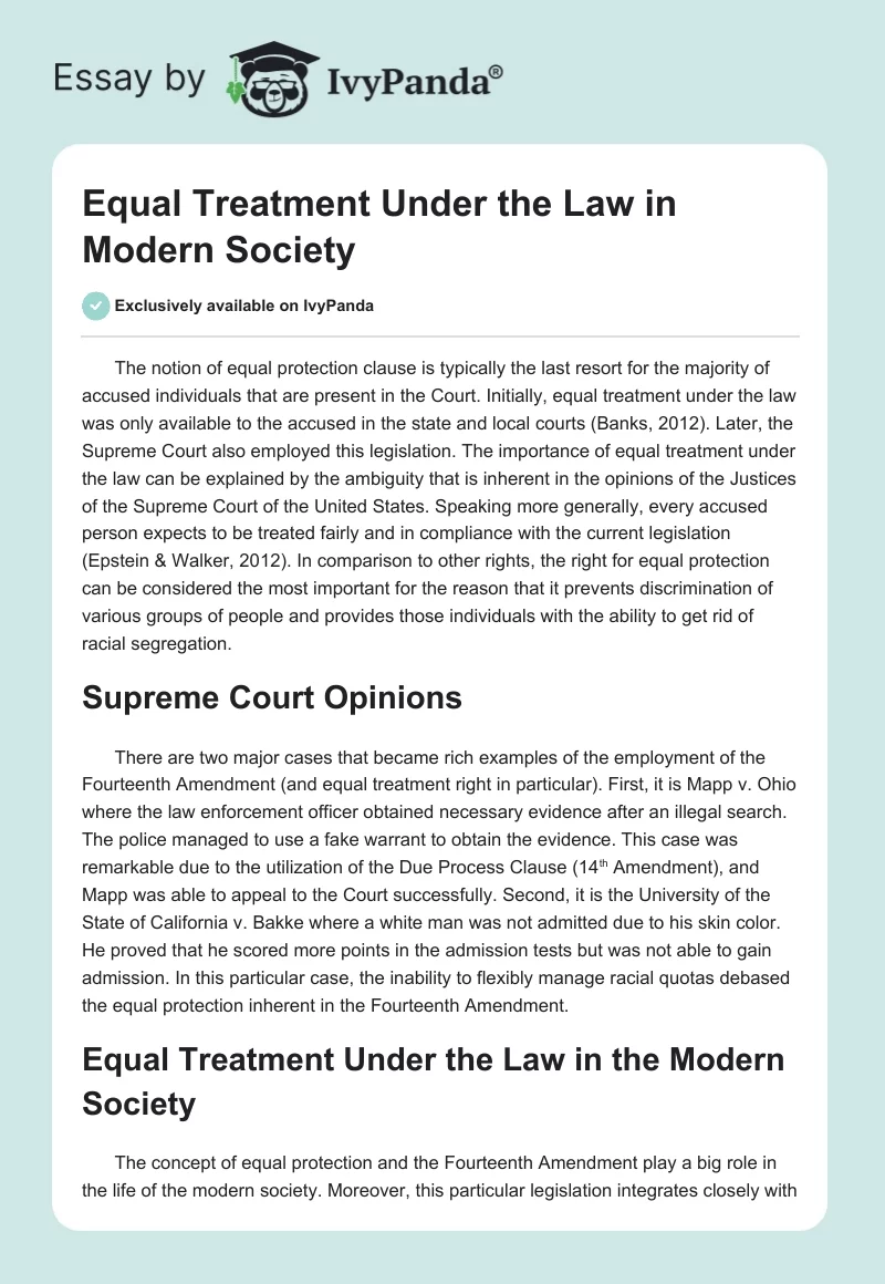 Equal Treatment Under the Law in Modern Society. Page 1