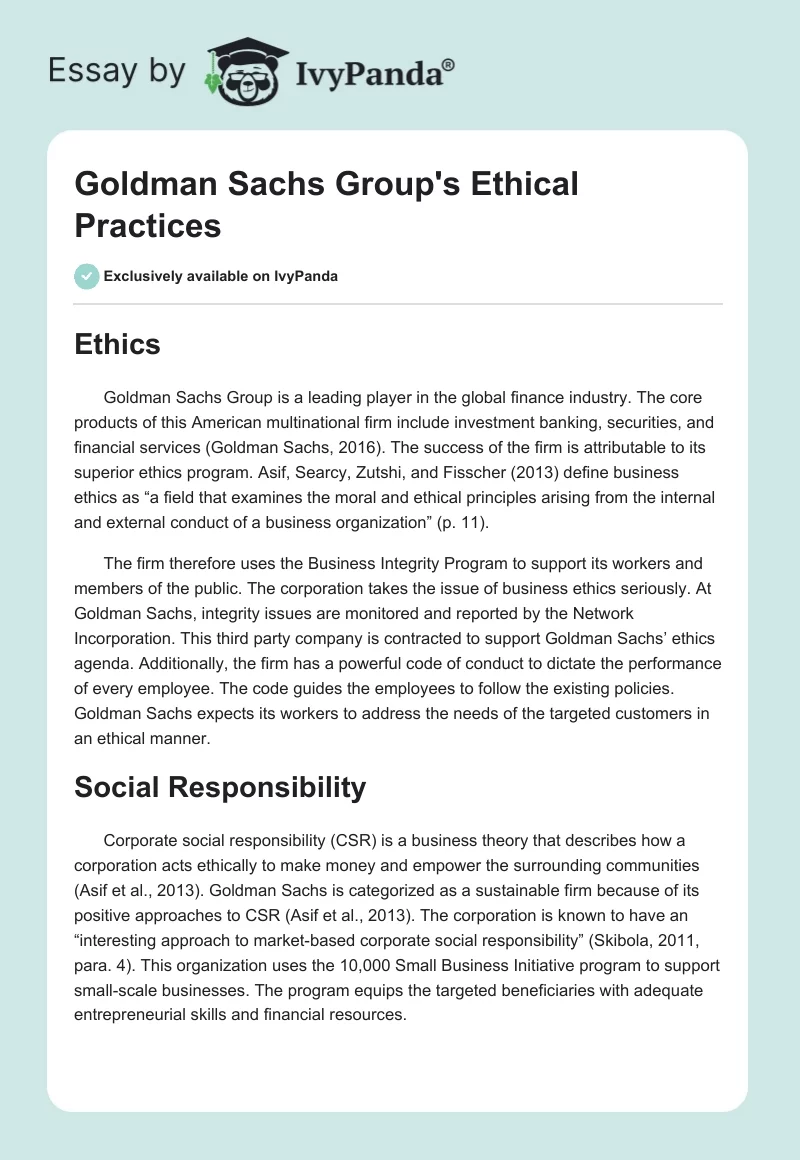 Goldman Sachs Group's Ethical Practices. Page 1