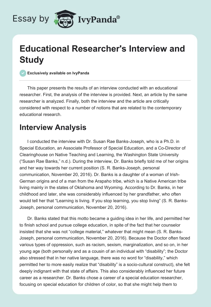 Educational Researcher's Interview and Study. Page 1