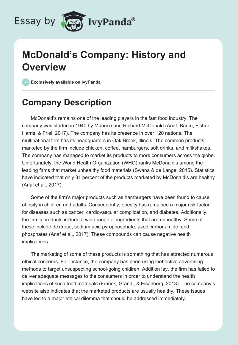 McDonald’s Company: History and Overview. Page 1