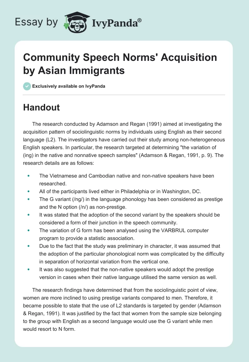 Community Speech Norms' Acquisition by Asian Immigrants. Page 1