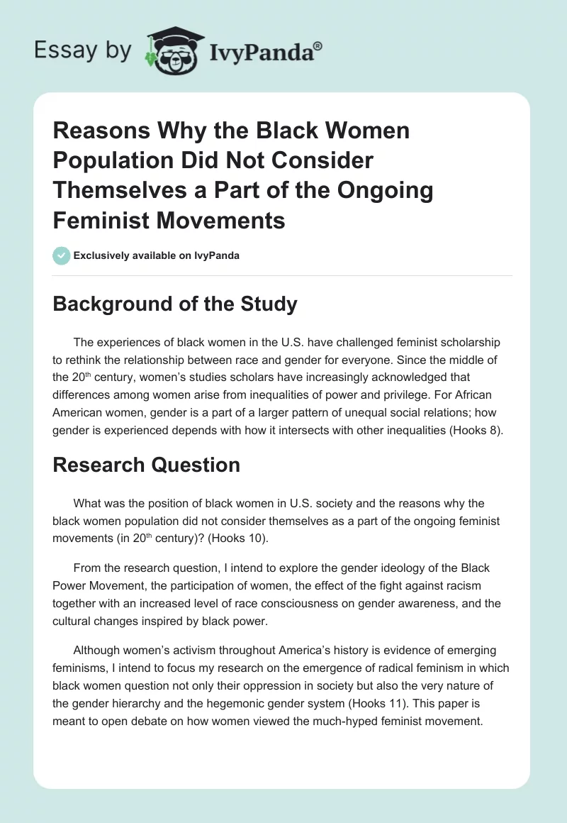 Reasons Why the Black Women Population Did Not Consider Themselves a Part of the Ongoing Feminist Movements. Page 1