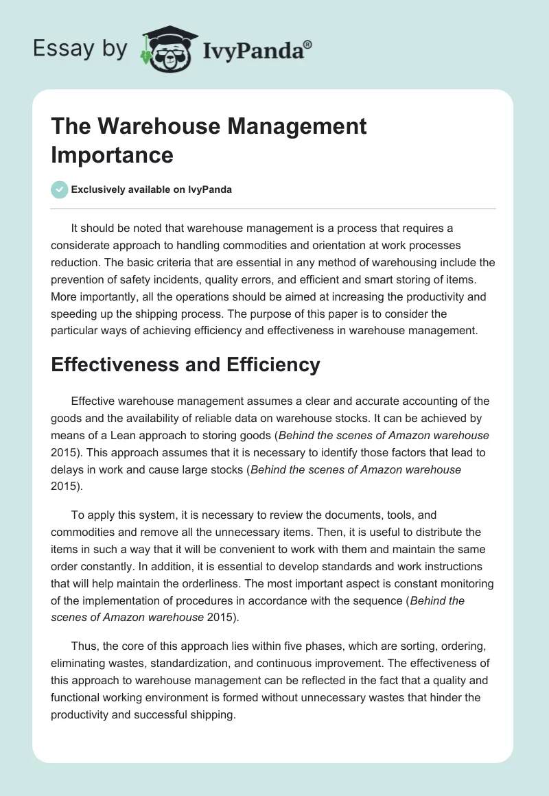 The Warehouse Management Importance. Page 1